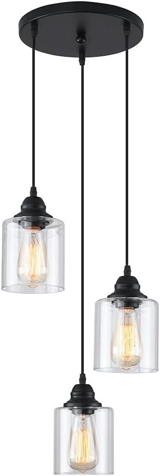 Black 3-Light Glass Shade Industrial Pendant Light