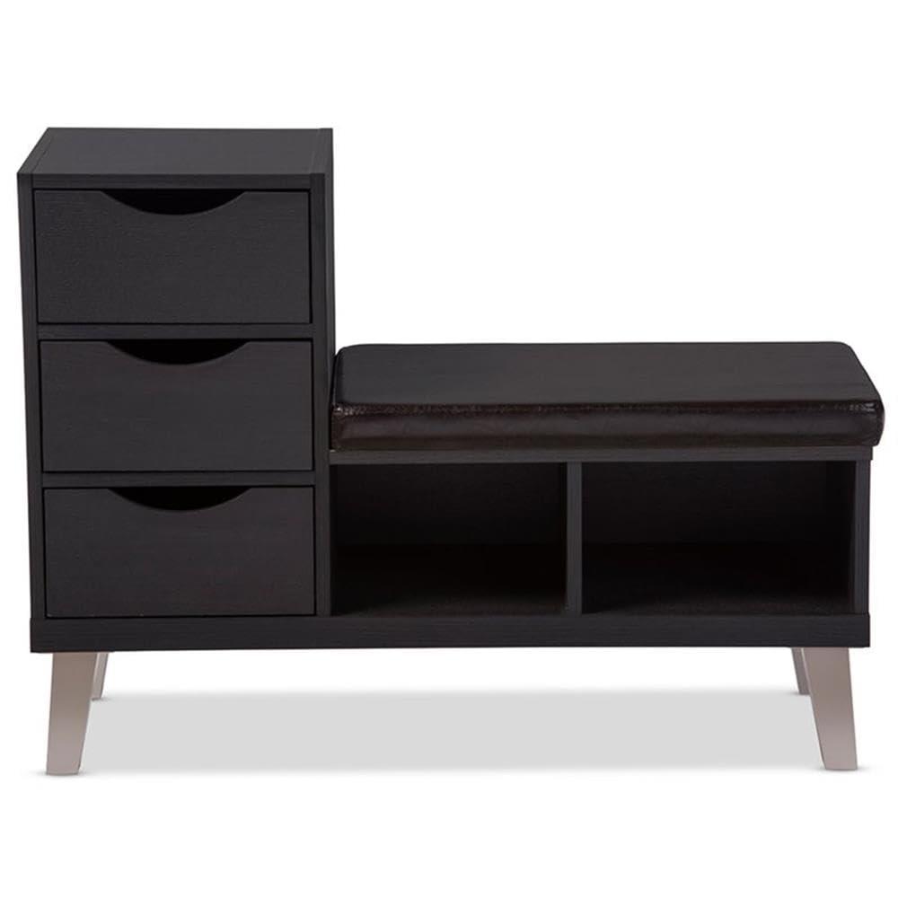 Arielle Modern and Contemporary Wood 3 - Drawer Shoe entryway benches with Two Open Shelves - Dark Brown - Baxton Studio
