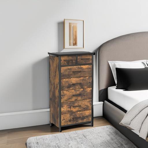 IKENO 7 Drawer Dresser, Industrial Wood Storage Dressers & Chests of Drawers with Sturdy Steel Frame, Storage Dresser for Bedroom Wood