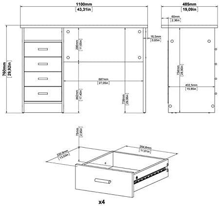 Tvilum Warner 4 Drawer Office Desk with 1 Shelf for Adults, Oak