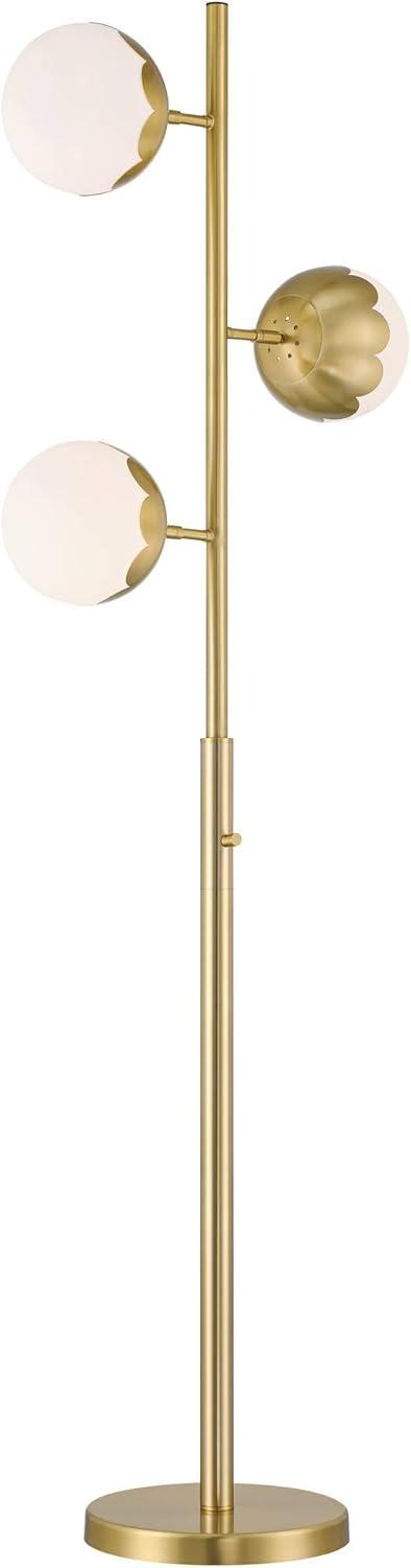 360 Lighting Kelowna Mid Century Modern 67" Tall Standing Floor Lamp Skinny Tree 3-Light Gold Metal Antique Brass Finish Living Room Globe White Shade