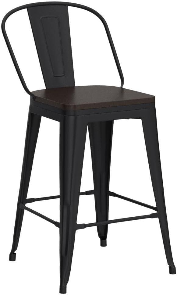 Set of 4 Black Metal and Wood Counter Height Bar Stools