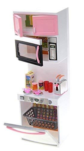 PowerTRC Doll Kitchen Play Set, Mini Modern Toy Pink Kitchen Pretend Play Furnitures Toy Set Accessories Set with Realistic Light & Sound for Kids Toddlers Girls (4-in-1)