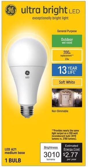 GE 200W Ultra Bright A21 LED Light Bulb Soft White: Energy Star Certified, 3010 Lumens, 13.7-Year Life, E26 Base