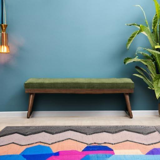 Distressed Green Velvet Tufted Bench with Solid Wood Legs