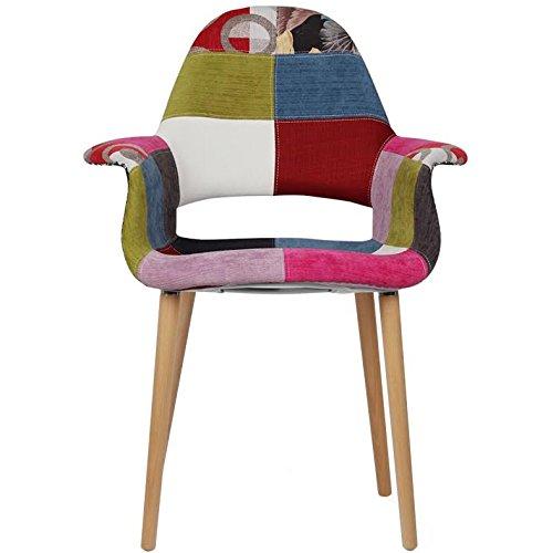 2xhome - Set of 2 Organic Upholstered Patchwork Pattern Quilted Fabric Modern Armchairs with Natural Wooden Legs for Dining Room Office or Accent Chair (Ann)