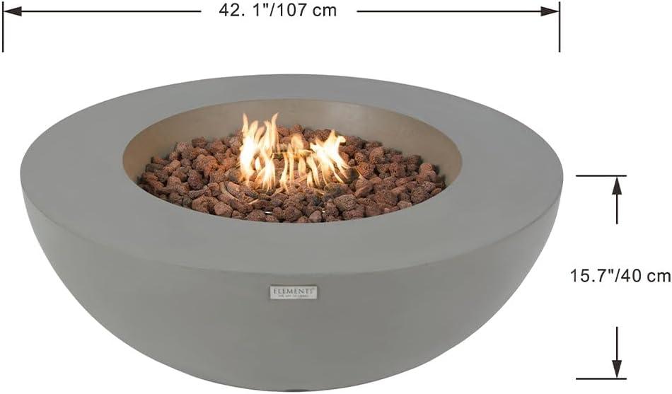 Elementi Outdoor Lunar Fire Bowl 42 Inches Grey Durable Fire Pit Table Glass Reinforced Concrete Round Fire Table Natural Gas Patio Fire Place Electronic Ignition Lava Rock Included