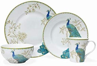 Peacock Garden White Porcelain 16-Piece Dinnerware Set with Gold Accents