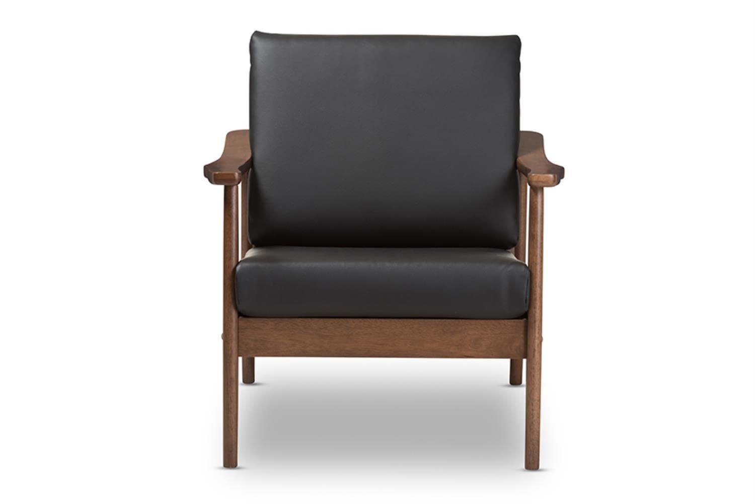 Venza Mid Century Modern Walnut Wood Faux Leather Lounge Chair Black - Baxton Studio: Indoor Armchair, Rubberwood Frame