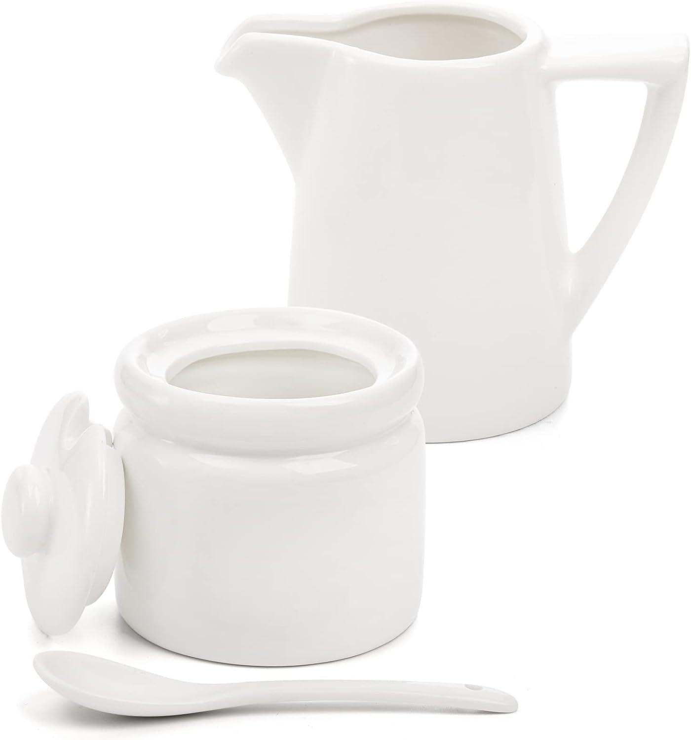 Stack man Set Of 4 Porcelain Creamer And Sugar Set With Saucer, Sugar Bowl With Lid And Spoon, Cream Pitcher, Sweetener Holder, Coffee Serving Set For Kitchen Home Cafe Party, Restaurant, White
