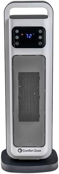 Comfort Zone 26" Oscillating Digital Tower Heater with Remote Control for Indoor Use, Adjustable Thermostat, Timer, Overheat Protection, Tip-Over Switch, Ideal for Home, Bedroom, & Office, HT1206-WHT