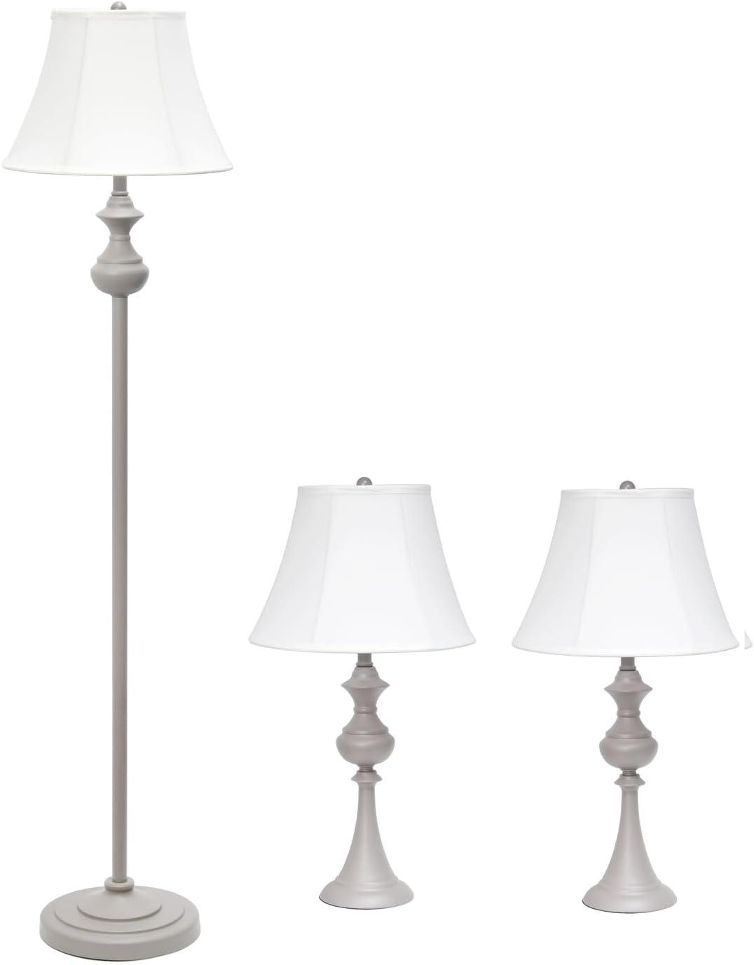 3pk Traditionally Crafted Lamp Set (2 Table Lamps and 1 Floor Lamp) with Shades Gray - Elegant Designs: UL Listed, Cotton Shades, Metal Body