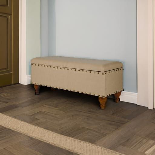 Large Storage Bench with Nailhead Tan - HomePop: Upholstered, Wood Legs, Hinged Lid