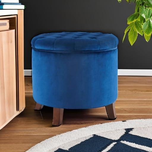 BELLEZE Nailhead Round Tufted Storage Ottoman Large Footrest Stool Coffee Table Lift Top, Navy Blue