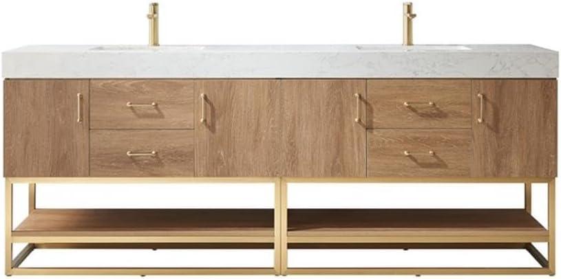 Vinnova Alistair 84" White Stone Top Oak Double Vanity Gold Frame w/o Mirror