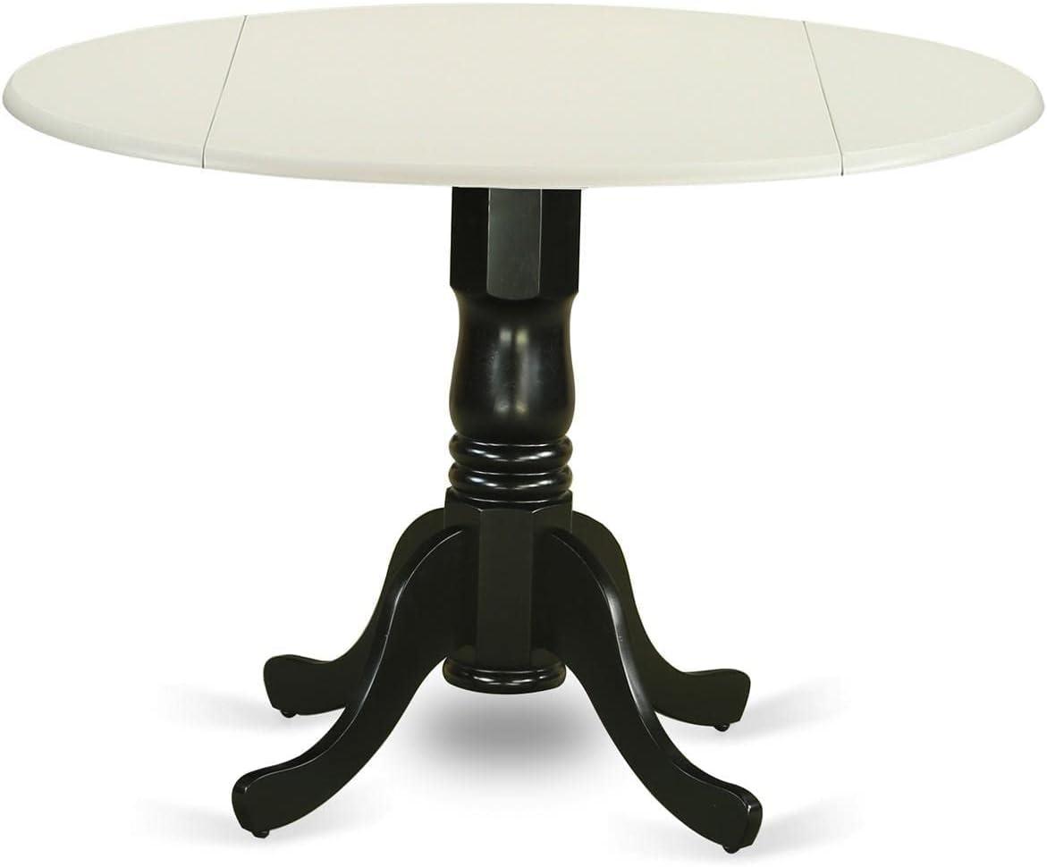 Dublin Pedestal Round Dining Table with Dual Drop Leaves, Linen White & Black