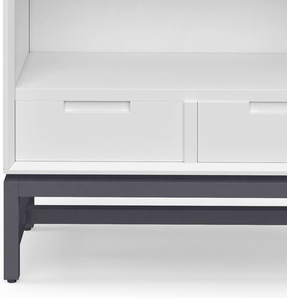 Simpli Home Banting 30"W Solid Wood 4 Shelf Industrial Bookcase with 2 Drawers, Adjustable Shelves, and Metal Base