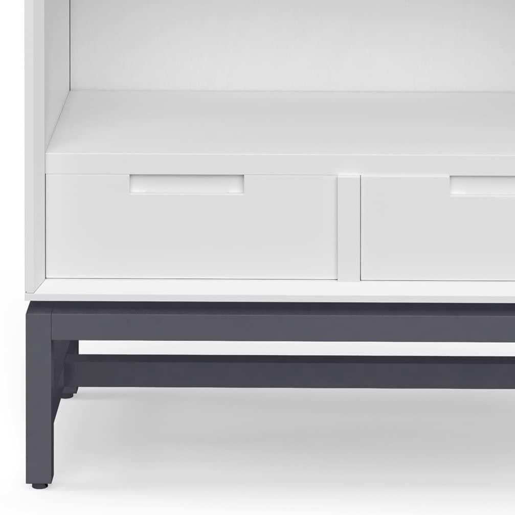 Simpli Home Banting 30"W Solid Wood 4 Shelf Industrial Bookcase with 2 Drawers, Adjustable Shelves, and Metal Base