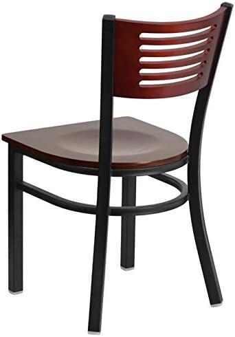 High Back Black Steel and Mahogany Wood Slat Side Chair