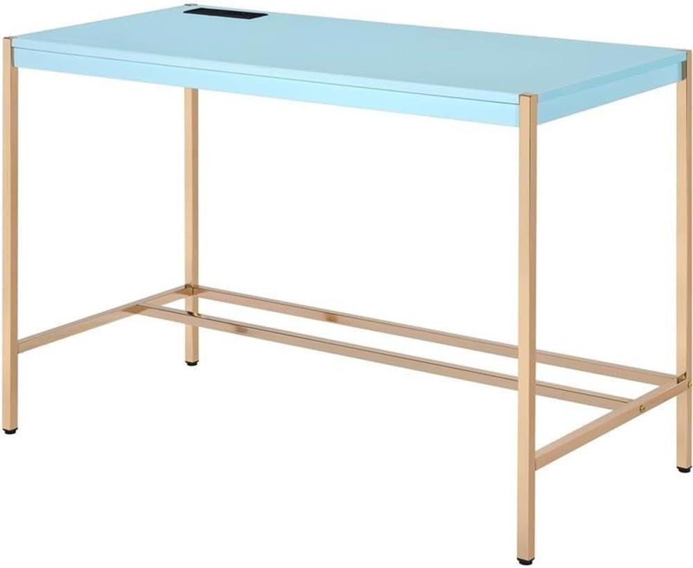 42" Midriaks Writing Desk Baby Blue/Gold Finish - Acme Furniture: Chic Office Furniture with USB Ports