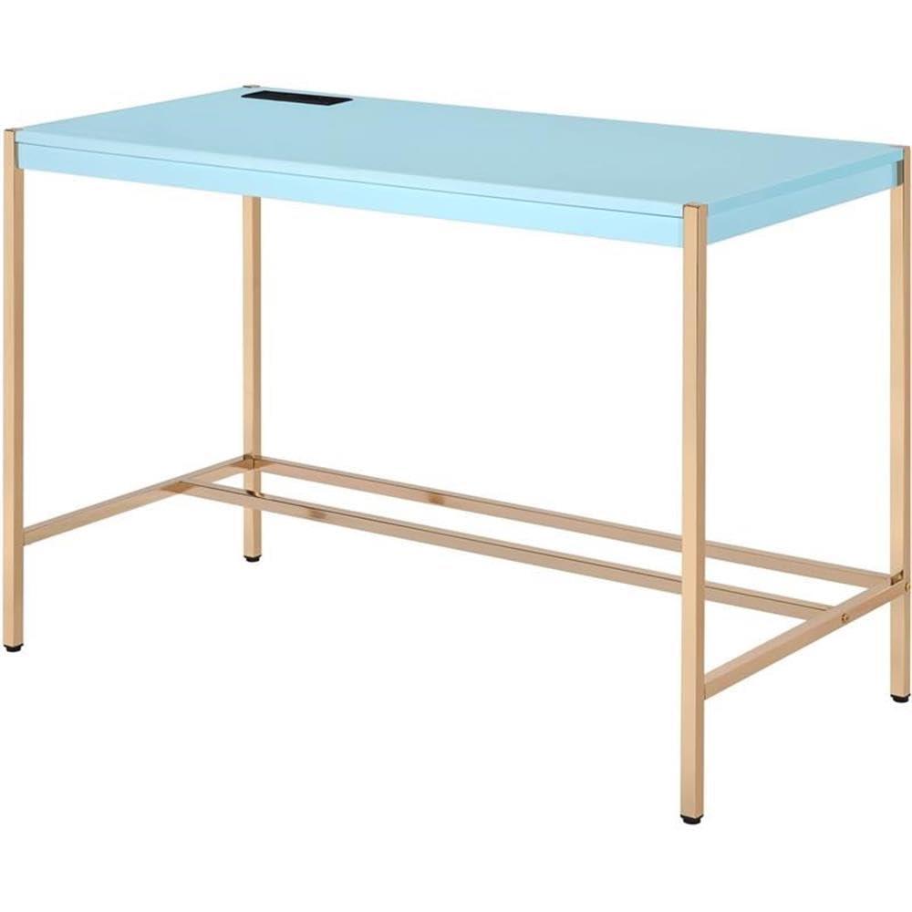 42" Midriaks Writing Desk Baby Blue/Gold Finish - Acme Furniture: Chic Office Furniture with USB Ports