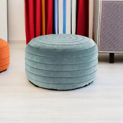 Simpli Home Vivienne Boho Round Pouf in Turquoise Velvet Fabric