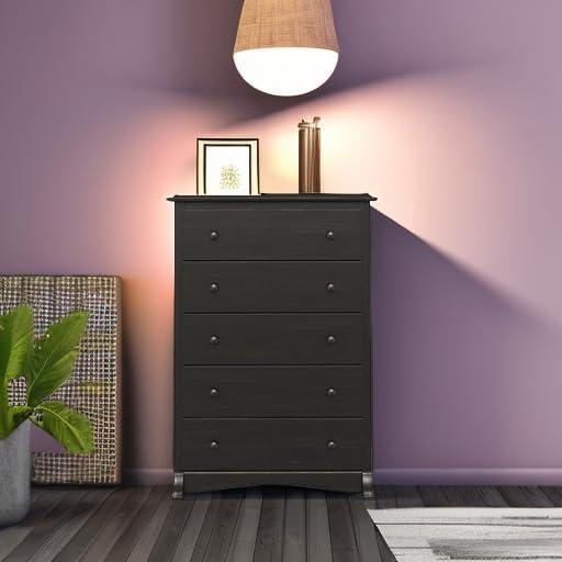 Prepac Monterey 5 Drawer Dresser Washed Black: Wood Composite Vertical Storage, 45.25" High
