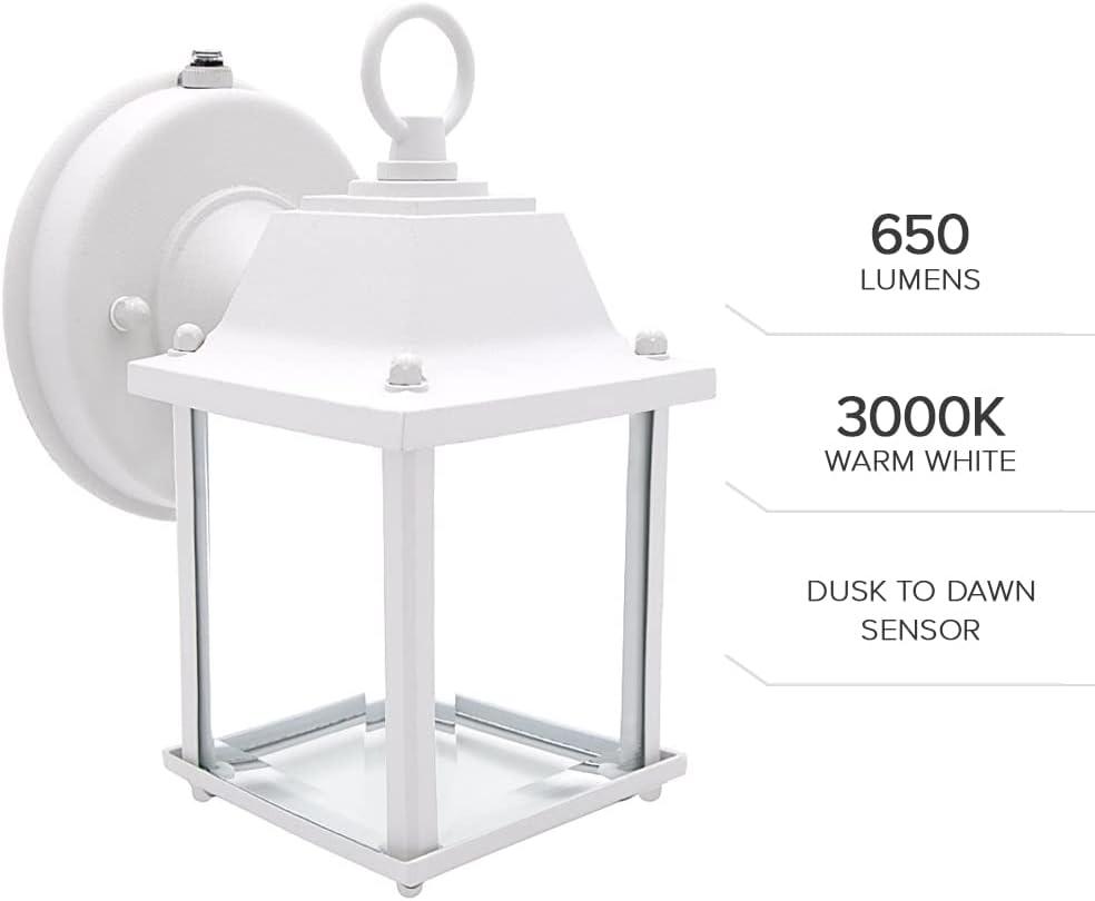 Maxxima LED Porch Lantern Outdoor Wall Light, White w/ Clear Glass, Dusk to Dawn Sensor, 650 Lumens, 3000K Warm White