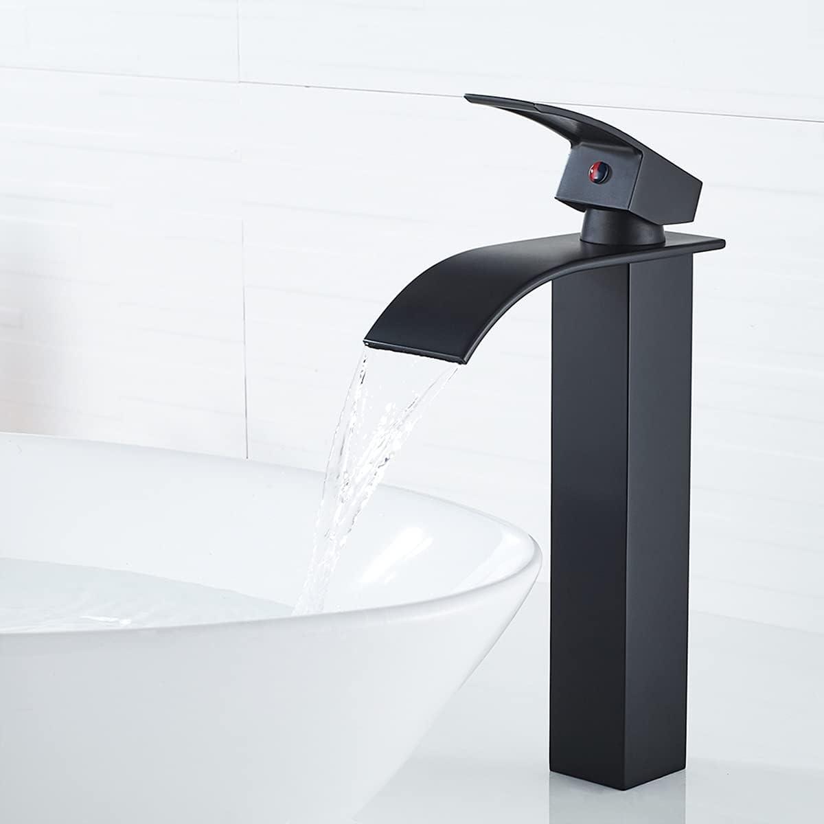 Waterfall Bathroom Faucet Single Handle，Bathroom Sink Faucet 1 Hole，Waterfall Faucet for Bathroom Sink，Vessel Sink Faucet Matte Black Tall Bathroom Faucet