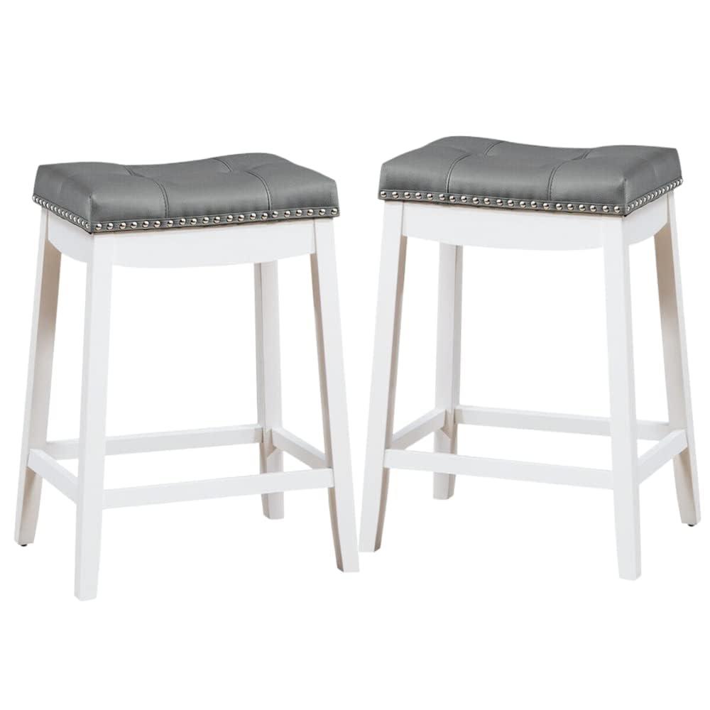 Angel Line Cambridge 24" Padded Saddle Stool, White w/ Gray Cushion, Set of 2