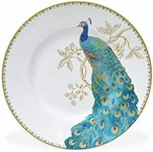 222 Fifth Peacock Garden Porcelain 16pc Dinnerware Set White: Round Dish Set, Service for 4, Bird Pattern, Dishwasher-Safe