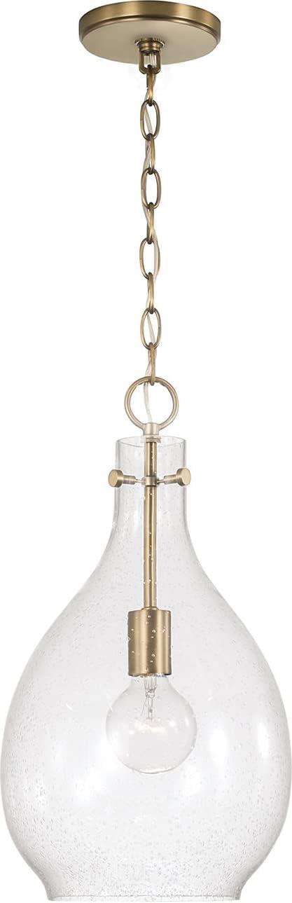 Aged Brass Teardrop Pendant Light with Seeded Glass Shade