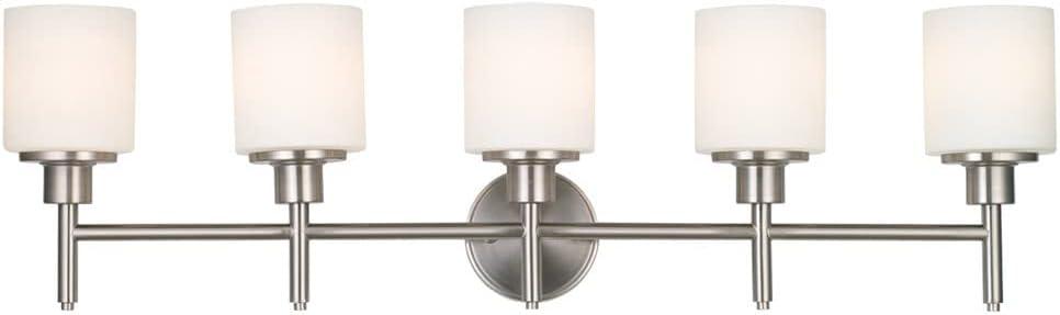 Design House 556225 Aubrey Transitional 5-Light Indoor Bathroom Vanity Light Dimmable Frosted Glass for Over the Mirror, Satin Nickel