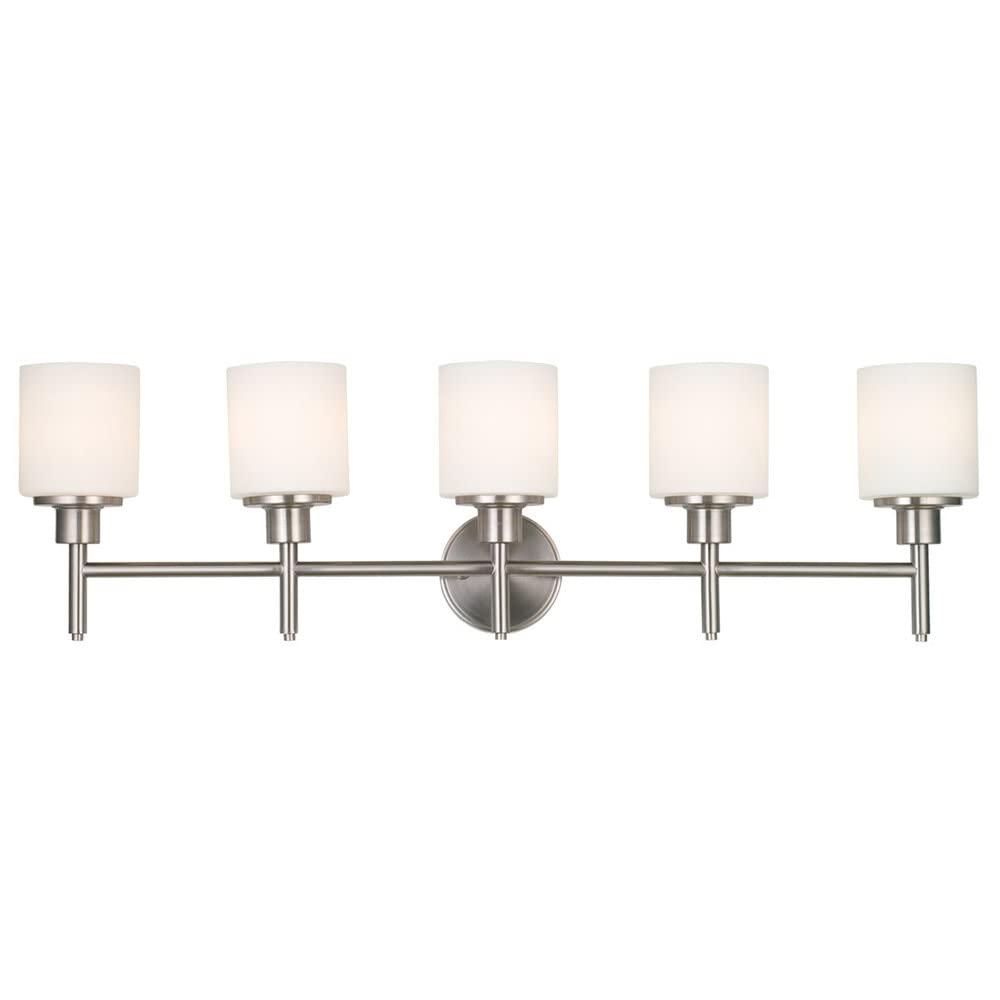 Design House 556225 Aubrey Transitional 5-Light Indoor Bathroom Vanity Light Dimmable Frosted Glass for Over the Mirror, Satin Nickel