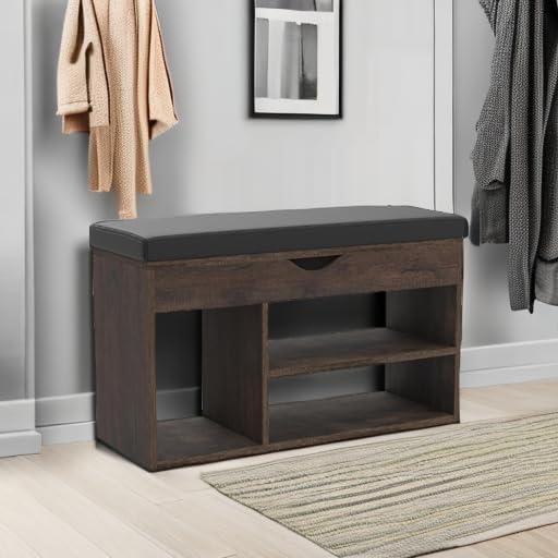 Apicizon 31 Inches Storage Bench, Shoe Bench with Flip Top Storage Space and Padded Cushion, Wooden Entryway Bench for Entryway, Living Room, 2-Tier Shoe Rack Organizer, Brown