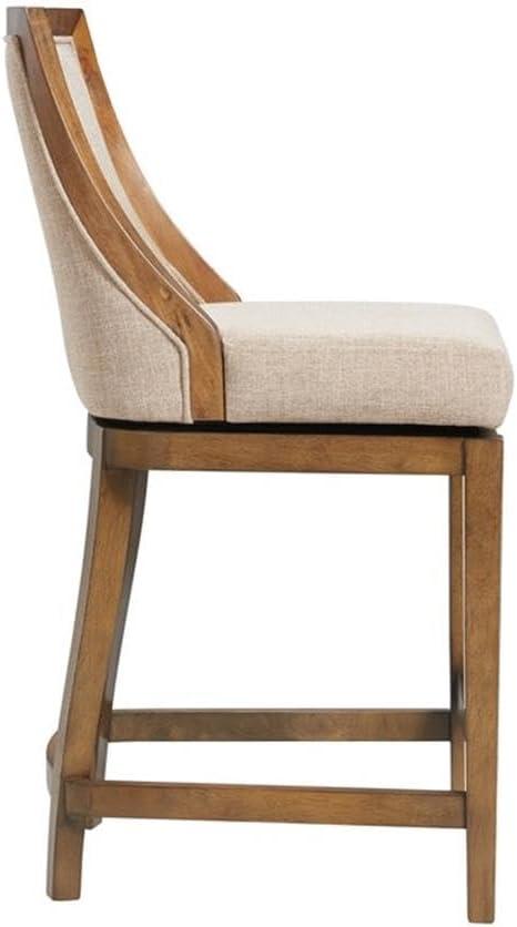 Alaterre Ellie Bar Height Stool, Back, Swivel Seat, Brown, Upholstered Padded Seat, Rubberwood Frame, Steel Memory Return Mechanism, Dimensions 19 in. W x 22 in. D x 46 in. H, Footrest, Metal Kick Plate