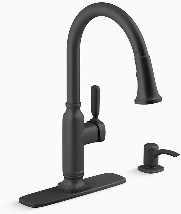 Matte Black Single Handle Pull-Down Kitchen Faucet with Soap Dispenser