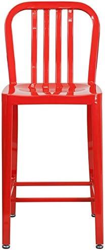 Flash Furniture Commercial Grade 2 Pack 24" High Red Metal Indoor-Outdoor Counter Height Stool with Vertical Slat Back