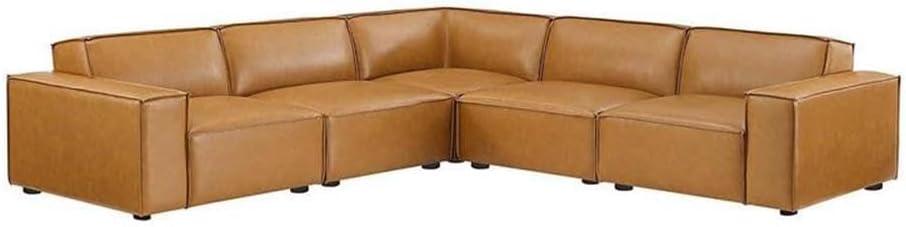 Beige Vegan Leather Tufted 5-Piece Reception Sectional with Ottoman