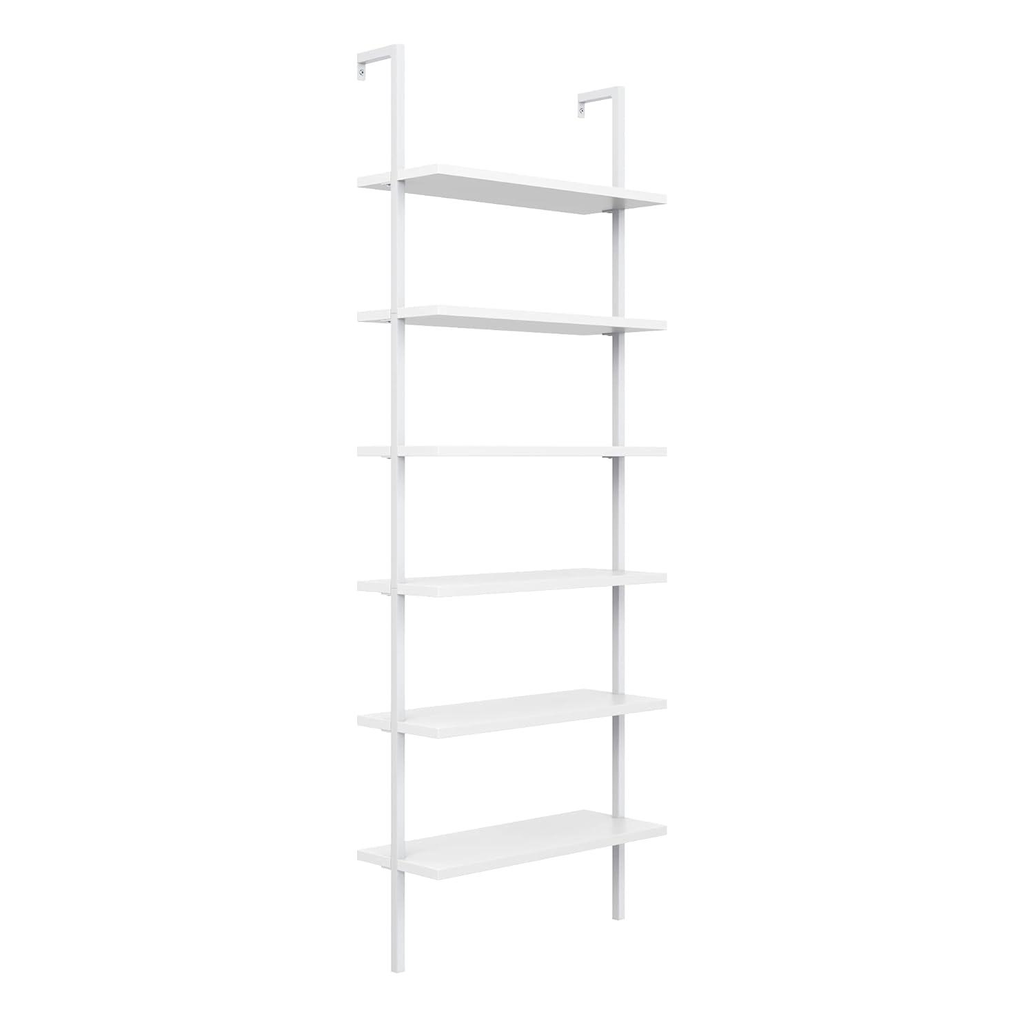 Nathan James Theo 6-Shelf Tall Bookcase Wall Mount Bookshelf White Wood with White Metal Frame White