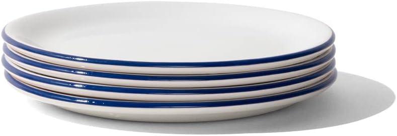 Set of 4 White Porcelain Appetizer Plates with Navy Rim