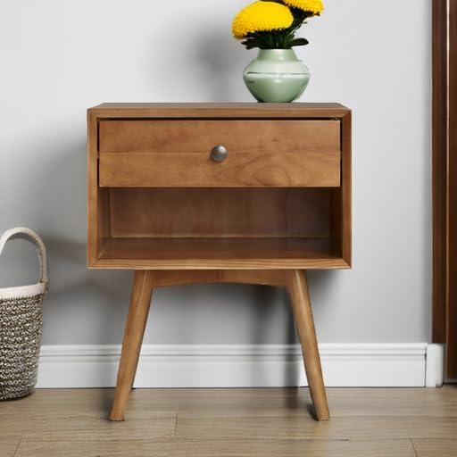 Mid-Century Caramel Solid Pine Nightstand with Antique Metal Hardware