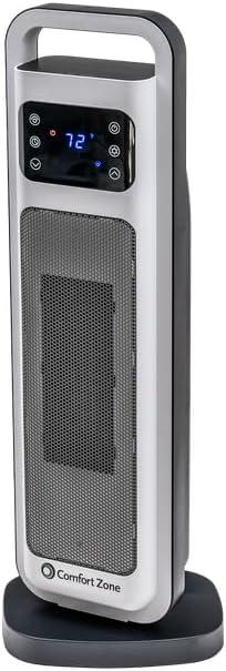 Comfort Zone 26" Oscillating Digital Tower Heater with Remote Control for Indoor Use, Adjustable Thermostat, Timer, Overheat Protection, Tip-Over Switch, Ideal for Home, Bedroom, & Office, HT1206-WHT