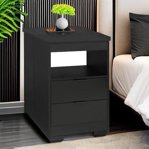 Exlonjet Black Nightstand with Wireless Charging Station and LED Lights, Bedside Table with 2 Drawers, Open Storage, 1 Pull-Out Tray, End Side Table with Charging Station, LED Night Stand with Storage