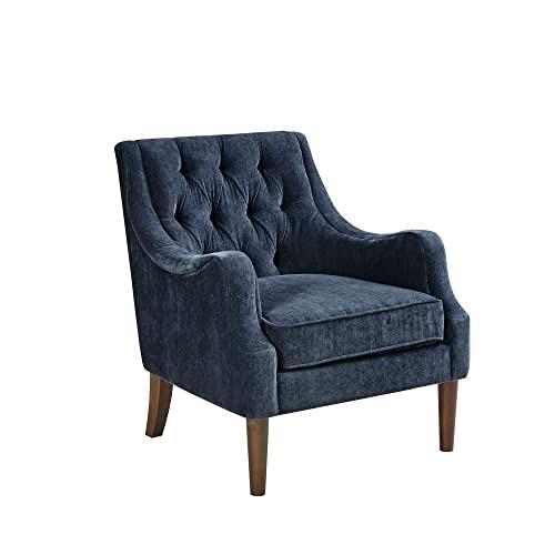 Elegant Navy Velvet Wood Accent Chair with Button Tufting