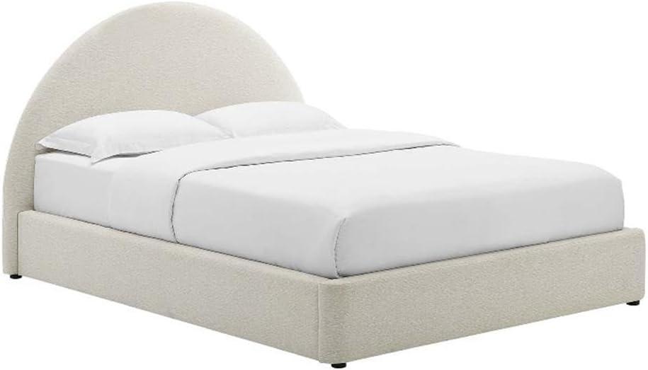 Ivory Velvet Upholstered Full Platform Bed with Arched Headboard