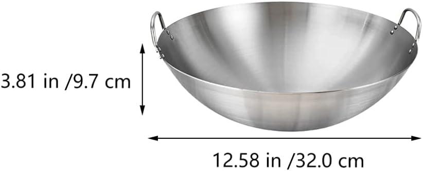 Silver Stainless Steel Double Handle Flat Bottom Wok