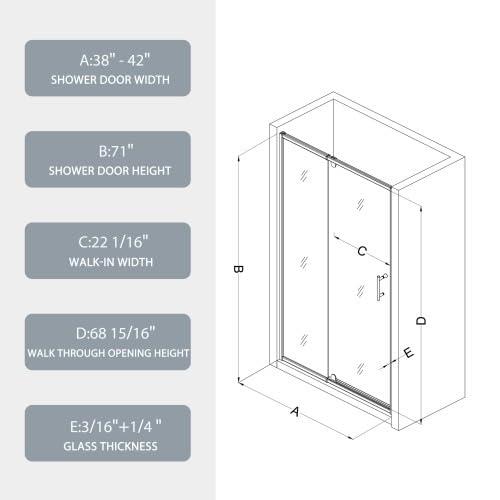 38-42" W x 71" H Flush Glass Shower Door Reversible Installation