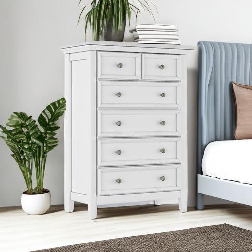 White Farmhouse 6-Drawer Tall Dresser with Metal Handles