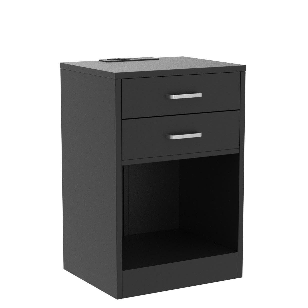 Mesita de Noche con Estación de Carga y Luces LED, Mesita de Noche Moderna con 3 Cajones de Almacenamiento, Diseño de Perfil Curvo, Negro Clásico